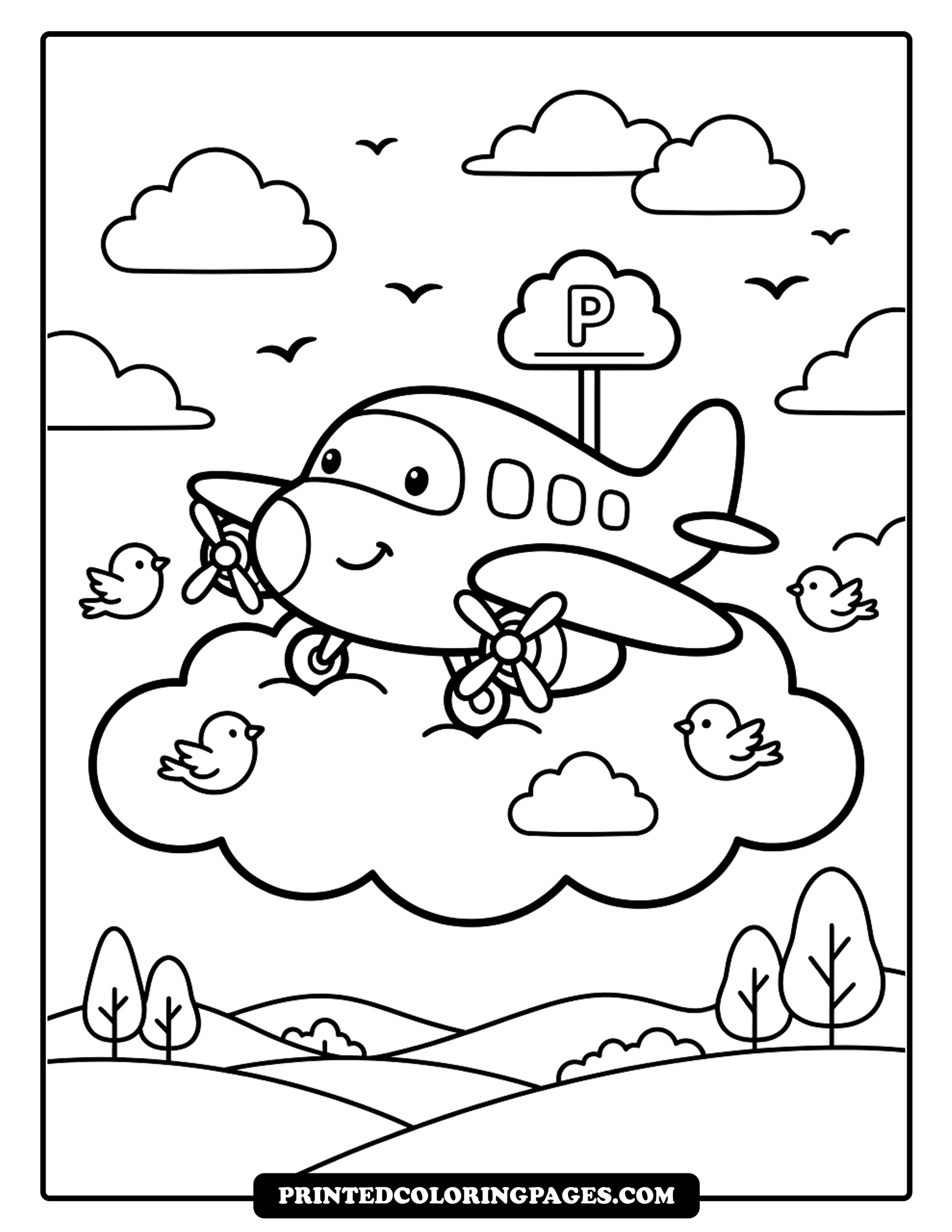 Flying Friendly Propeller Plane Adventure | PrintedColoringPages.com