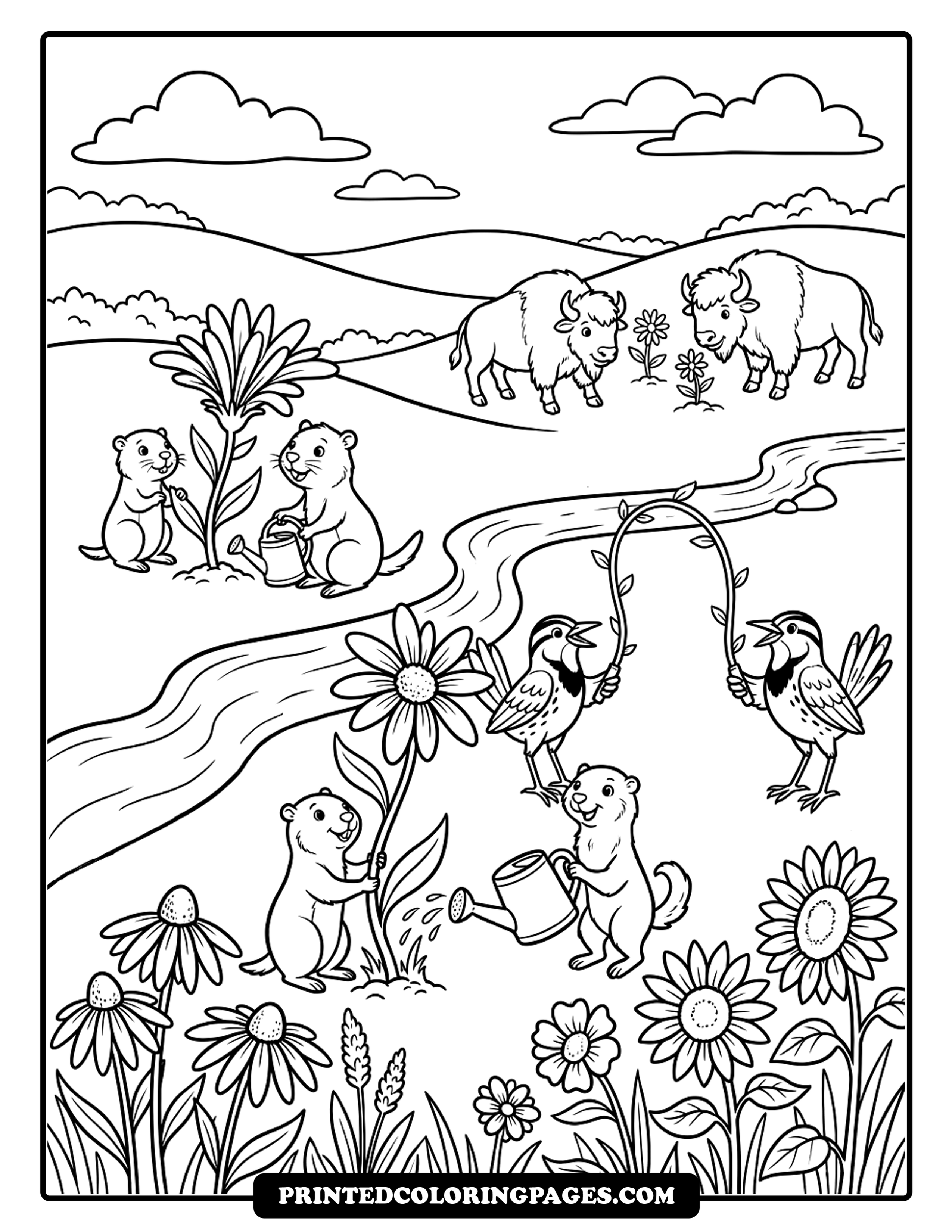 Wild Animals and Flowers on the Great Plains | PrintedColoringPages.com